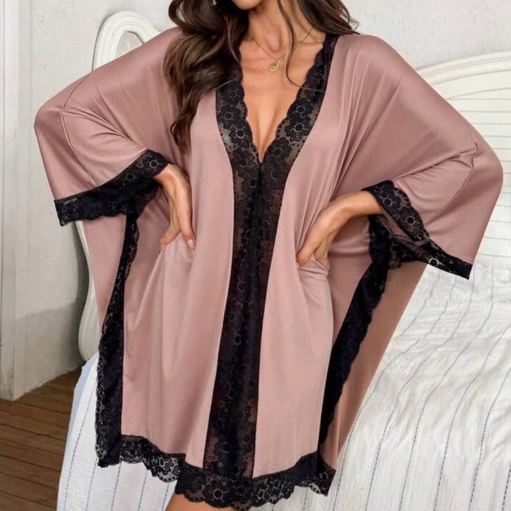Women's Rose Taupe Lace-Trim Kimono Sleep Shirt